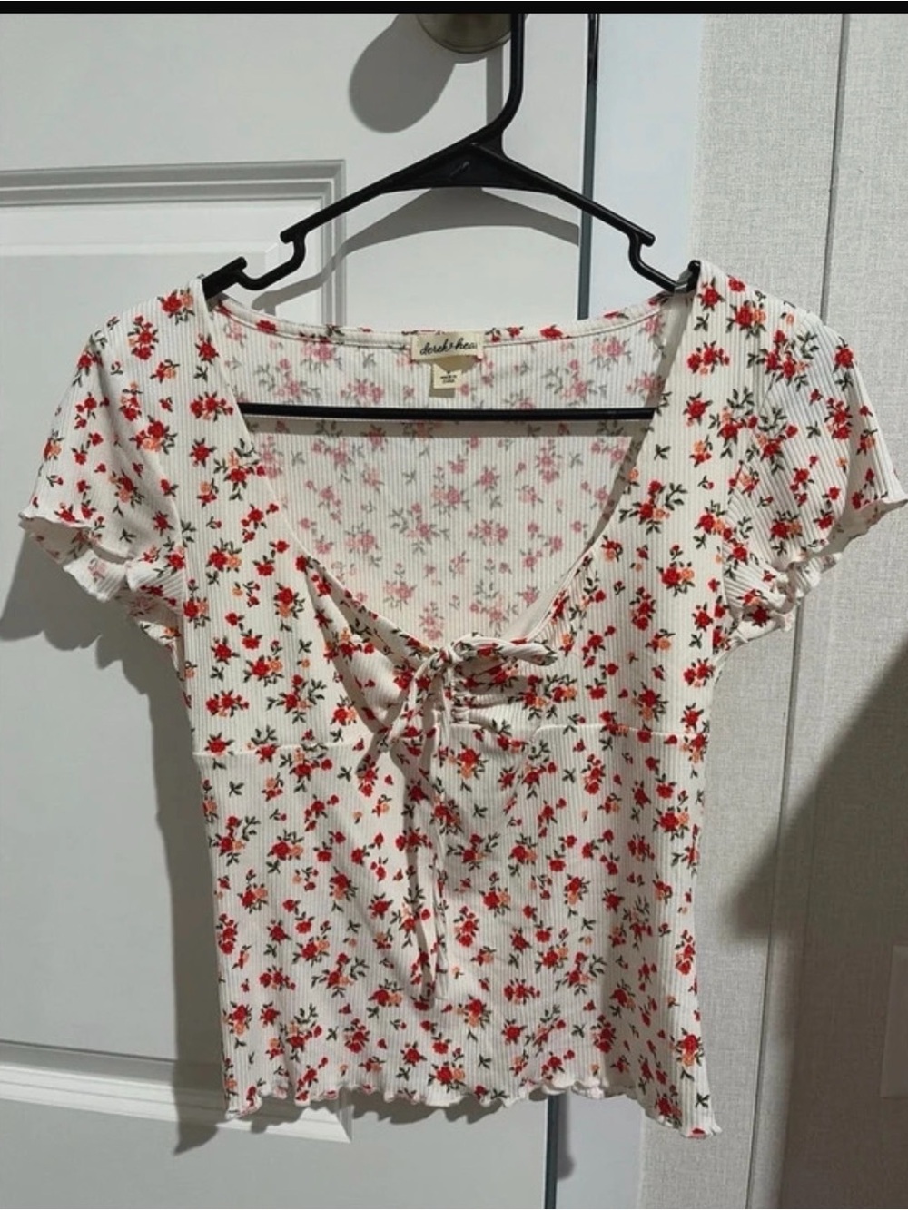 Floral Tie-Front Ribbed Top - White with Red Floral